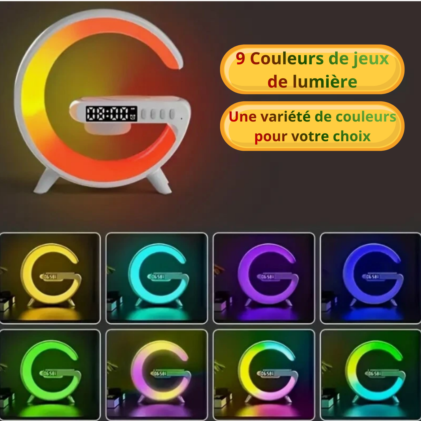 Haut-parleur, Lampe LED, horloge&Réveil , Chargeur Sans Fil et Enceinte Bluetooth