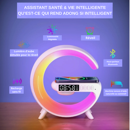 Haut-parleur, Lampe LED, horloge&Réveil , Chargeur Sans Fil et Enceinte Bluetooth