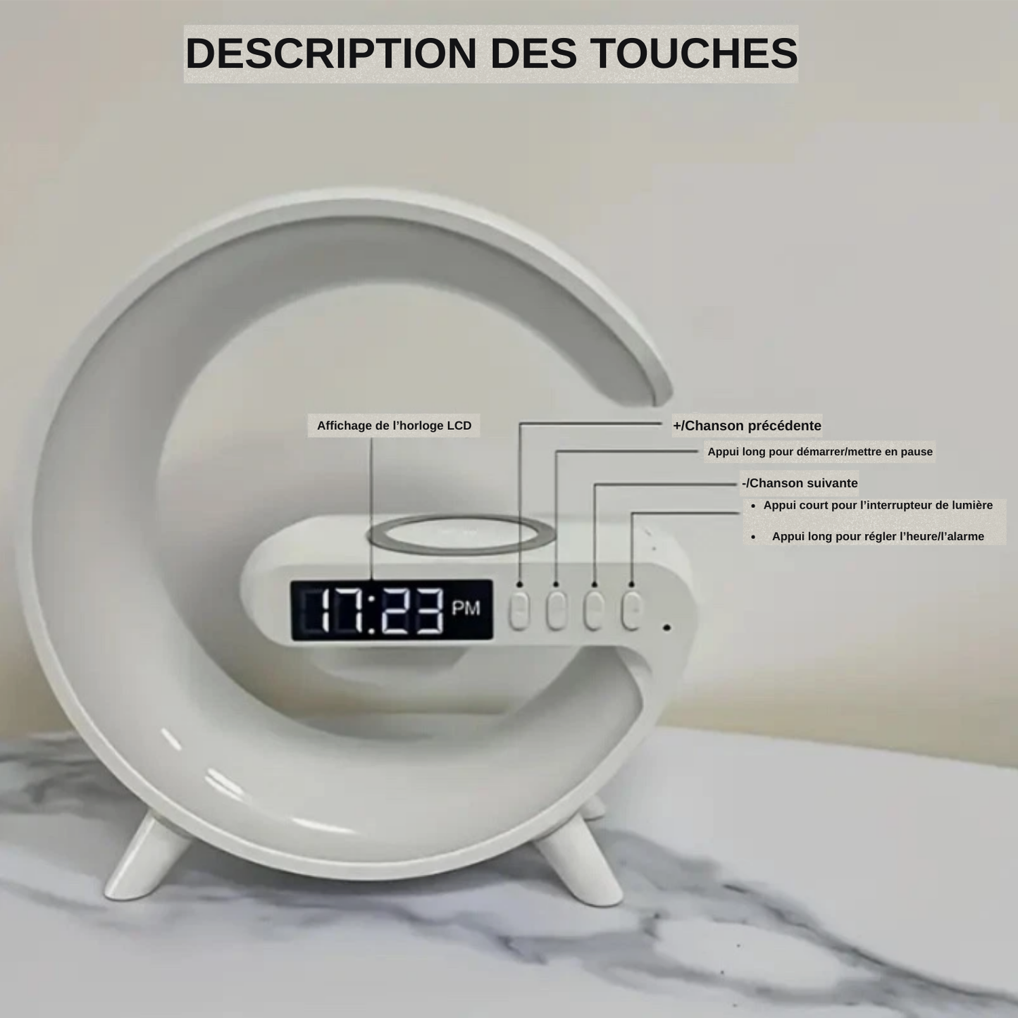 Haut-parleur, Lampe LED, horloge&Réveil , Chargeur Sans Fil et Enceinte Bluetooth