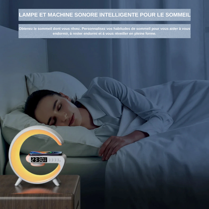 Haut-parleur, Lampe LED, horloge&Réveil , Chargeur Sans Fil et Enceinte Bluetooth